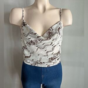Le Lis Snake Print Satin Cowl Neck Cami Brown White Neutral Top S